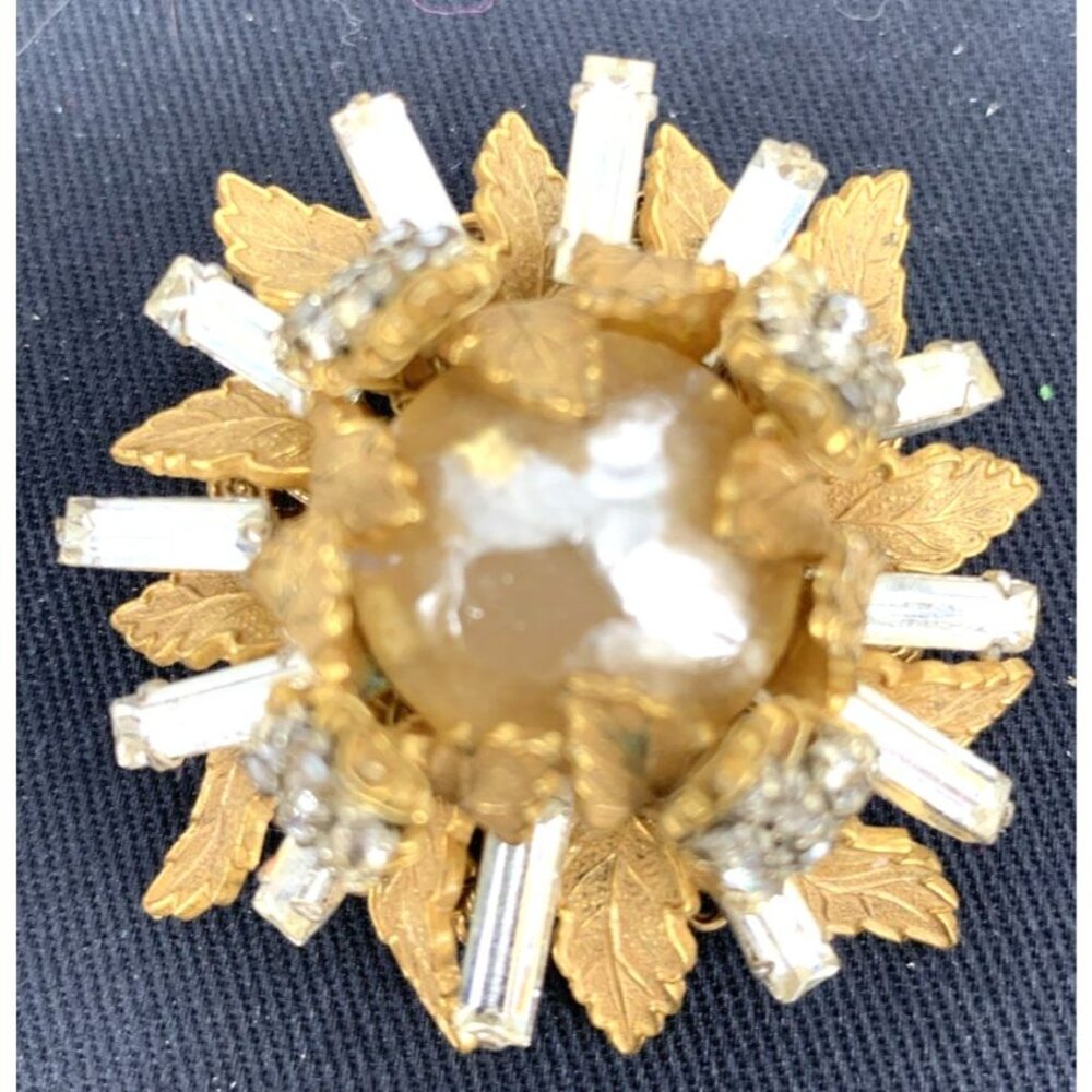 Miriam Haskell Brooch Sunburst Baguette Faux Pearl Sunbeam Snowflake 1.5" FLAW